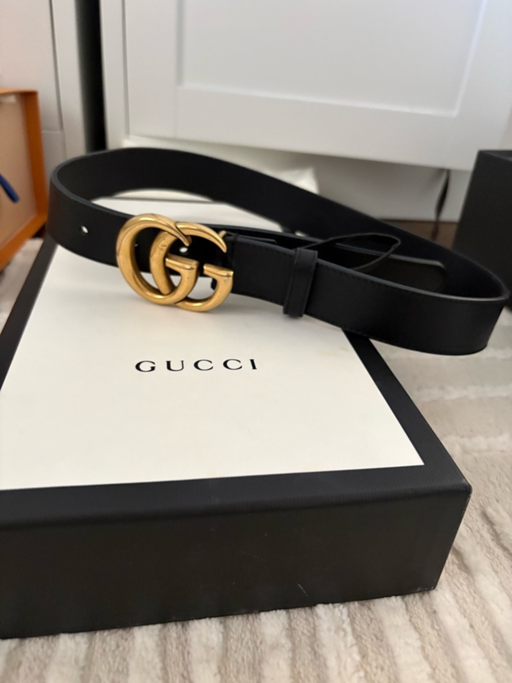 Gucci Black Leather Belt with Gold Interlocking GG Buckle